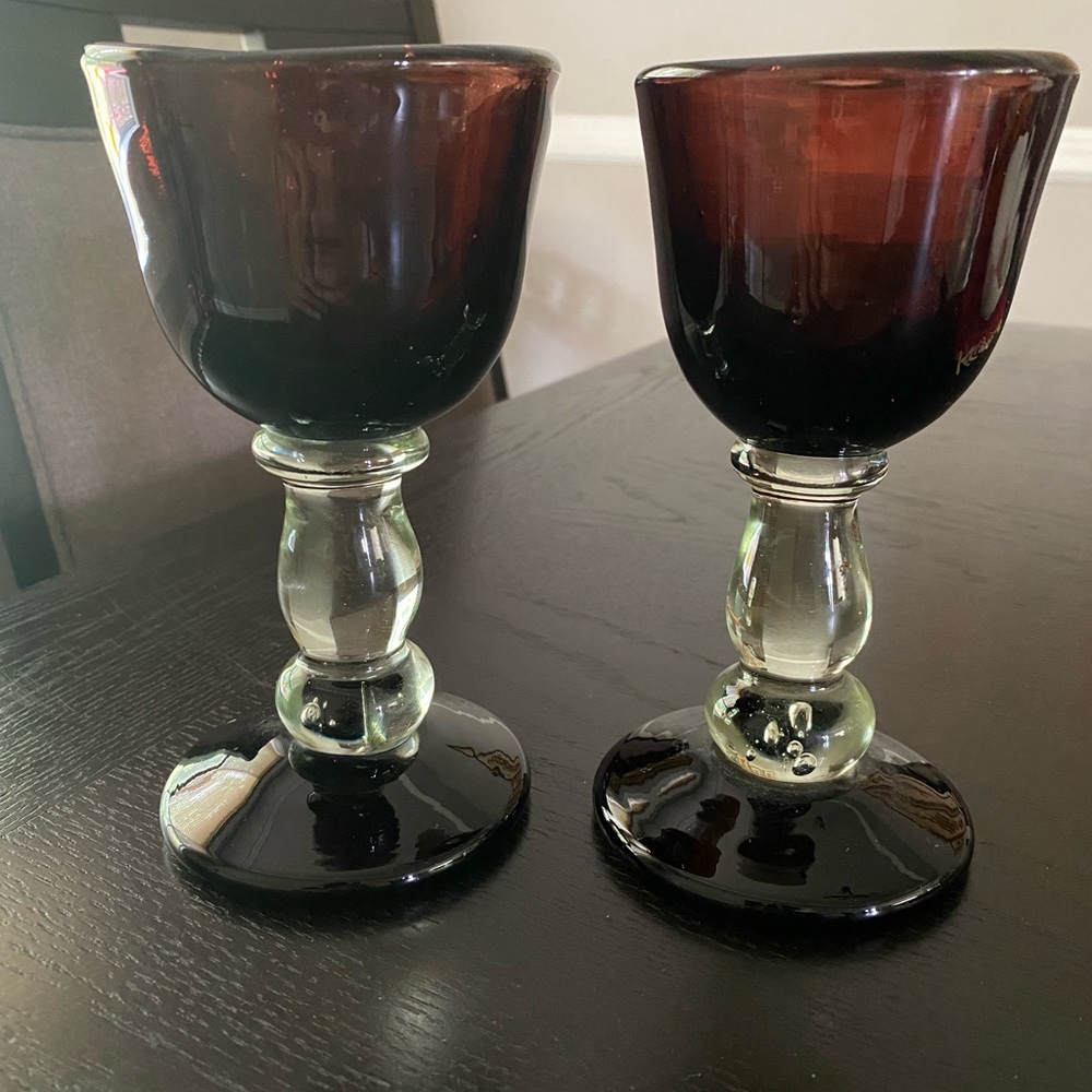 2 Rick Strini signed Art Wine Goblets Hand Blown Glass Ruby Brown Ombré Vintage